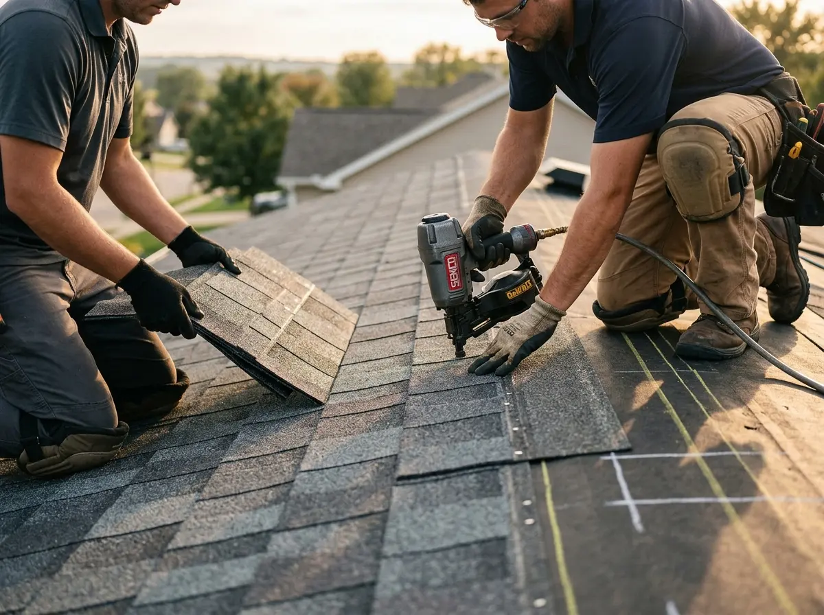 Professional roofer working on a residential roof in North Adams